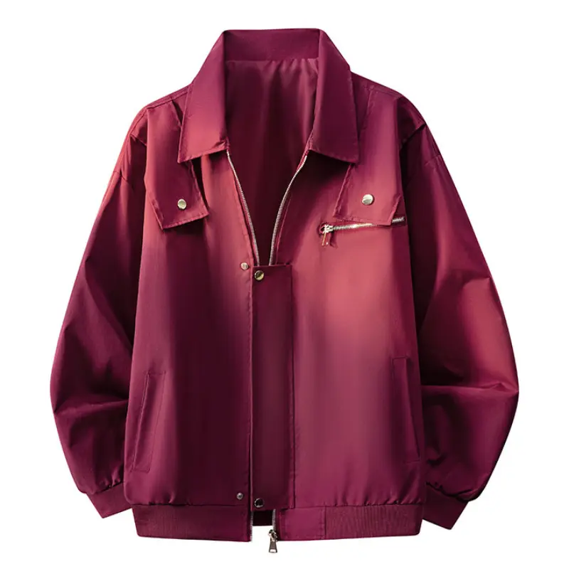 Collared bomber jacket with zip‑and‑button front closure, multi‑pocket design with metal snap and zipper details, smooth woven outer fabric, ribbed hem and cuffs, relaxed oversized silhouette for vintage street‑style daily outfits # sohochic