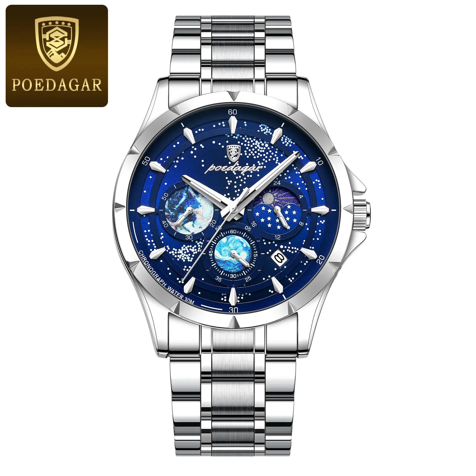 916 silver case with blue dial and steel strap