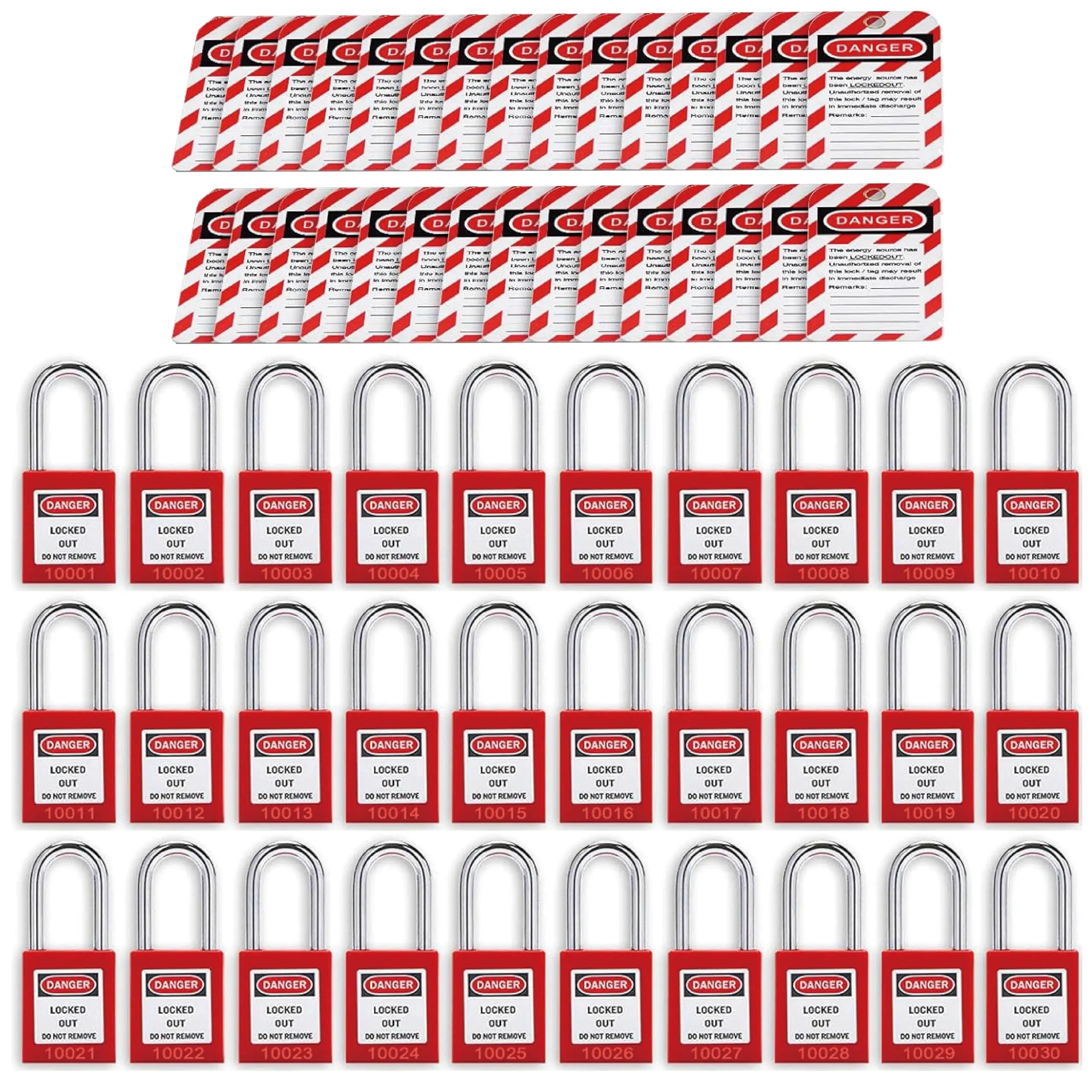 OSHA Compliant Lockout Tagout Padlock Set – 10 Red Safety Padlocks Keyed Differently with 2 Keys Each, 10 Tags, Perfect for Electrical Lockout, Circuit Breaker & Valve Isolation – 10-Piece Set