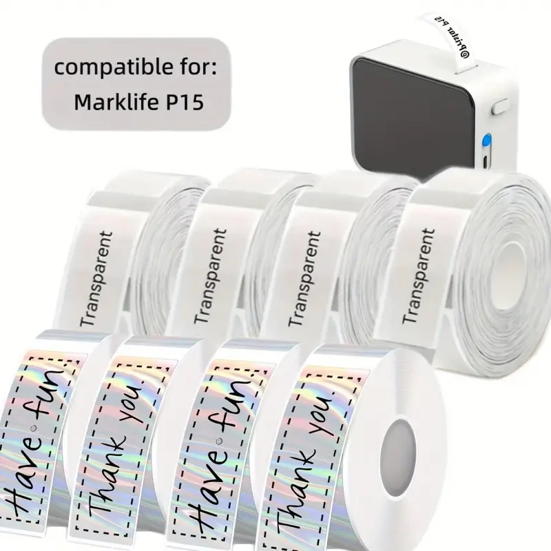 Size: 12x40mm / P15 two-color label refill, 4 rolls each (holographic + clear), 8 rolls / 1280 labels total. High-quality self-adhesive paper. For home, office, business, warehouse, and school.