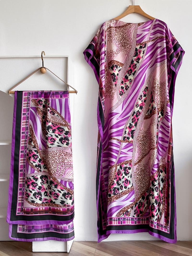 Women's Floral Print Long Dress & Scarf Set, Boho Casual Shawl Dress & Scarf Set for Beach Vacation Holiday, Ladies Clothes for All Seasons