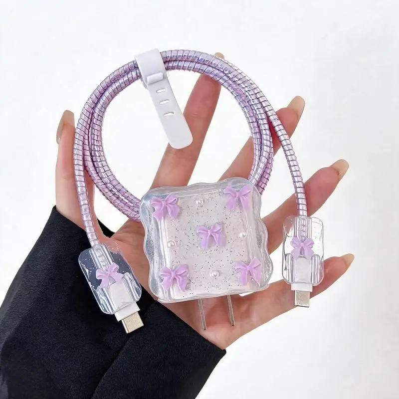 5-Piece Pearl White & Purple Bow Charger & Cable Protector - Anti-Break, Tangle-Free & Aesthetic Appeal Protection for Apple 18/20W Charger, Compatible with iPhone 16 Pro Max/15/14/13/12/11