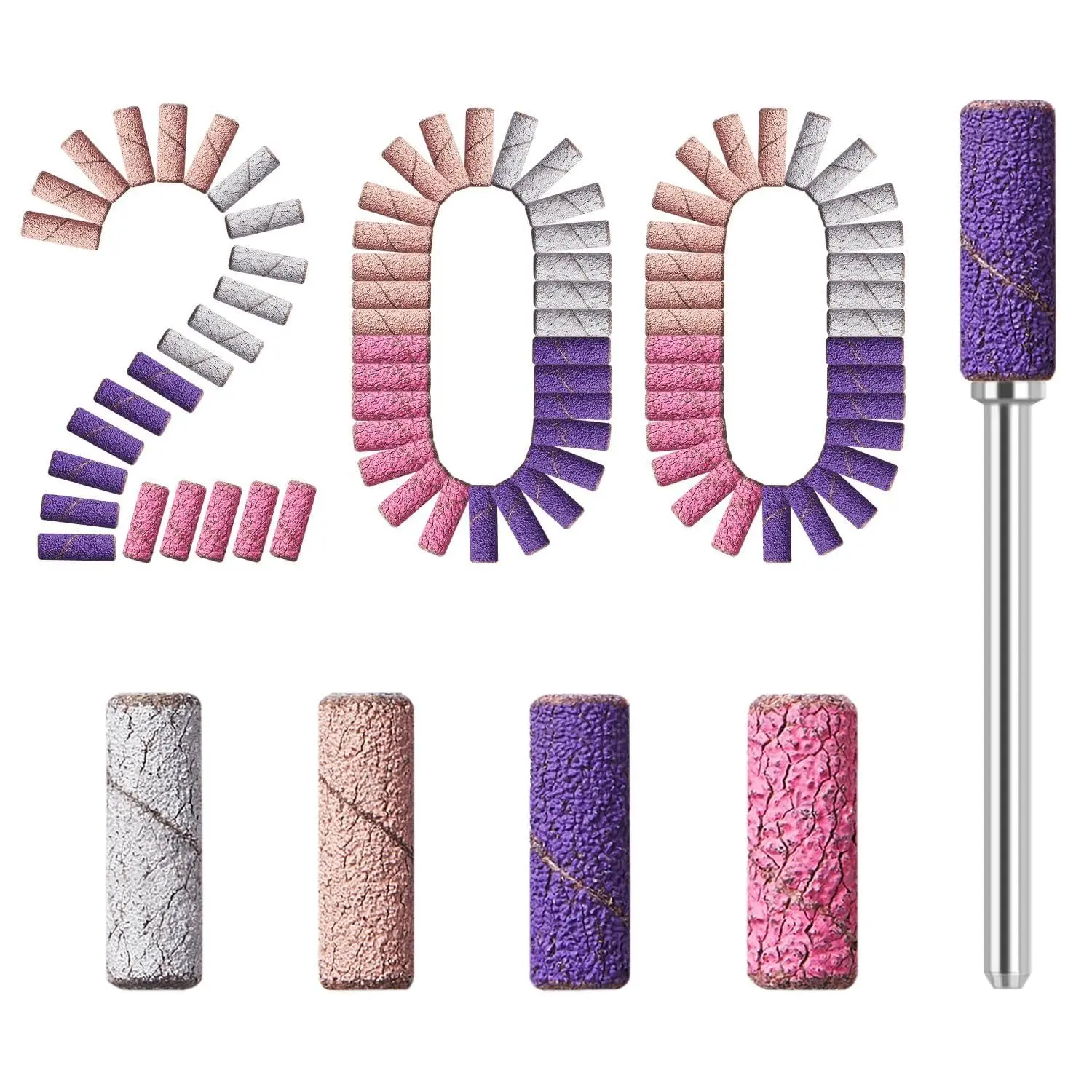 Sanding Bands for Nail Drill, 200 Pcs Mini Small Nail Sanding Bands, Mix 80 120 180 240 Fine Grit File Sanding Bands with 3.1mm Mandrel Bit for Acrylic Nails Gel Manicures, White Purple Pink