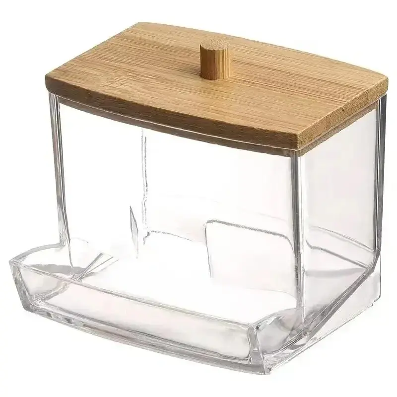 Double Head Cotton Swab Storage Box, Transparent Square Bamboo Cover, Cotton Buds Container, Toothpick Organizer, Eco-Friendly Design, Acrylic Organizer