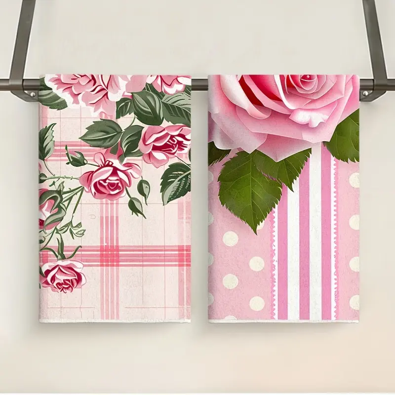 Cleaning Cloths (2-Pack), Dishcloths for washing dishes: Kitchen towels featuring a pink rose, polka-dot pattern. Perfect for Valentine's Day, spring, or birthdays; highly absorbent, soft, and durable. A versatile, practical gift for family and friends
