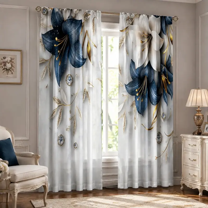 Elegant Blue Lily Curtain Set (2 Pieces), Window Curtain, Window Drapes, Home Decoration Curtain, Rod Pocket Design, Privacy Curtains, Easy to Hang, Semi-Sheer Polyester Fabric, Room Decor Curtain, Curtain for Windows