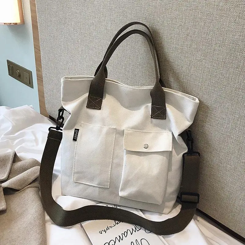 Fashion Canvas Bags Students Handbag Shoulder Bag Large Capacity Solid Color Totes Shopper Bag Clearance sale at 50% off