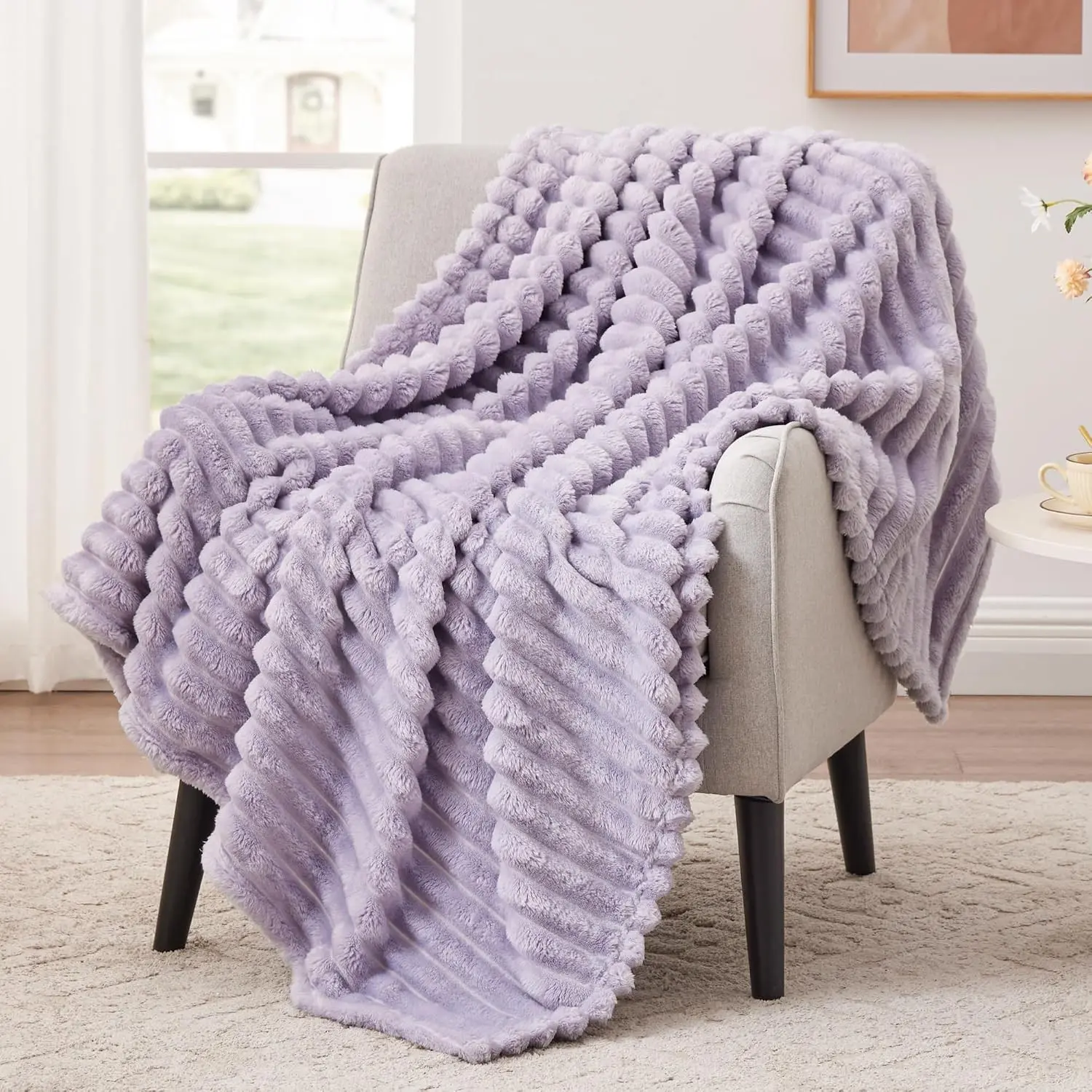 Fleece Throw Blanket for Couch or Bed - 3D Stripe Jacquard Decorative Blankets - Cozy Soft Lightweight Fuzzy Flannel Blanket Suitable for All Seasons(50"×60",Light Purple)