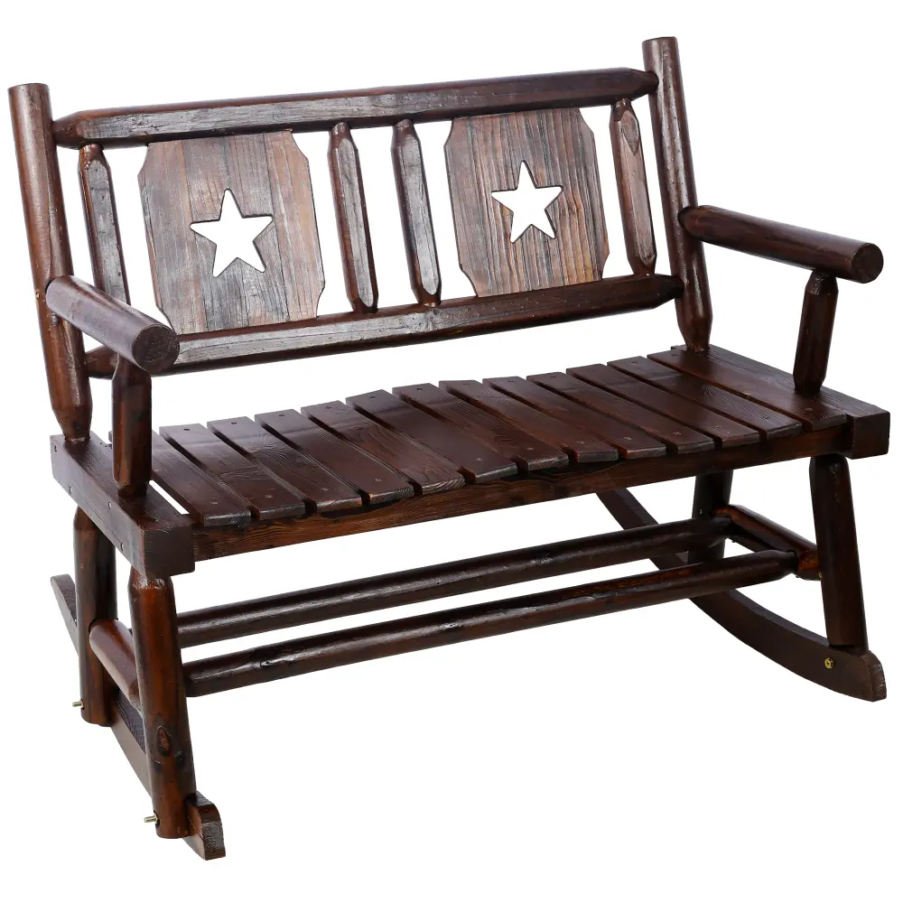 Rustic Brown 2-Person Outdoor Solid Wood Rocking Bench, Carbonized Wood Double Rocker with Wide Curved Seat & Smooth Rockers, Heavy-Duty Porch Loveseat for Garden, Backyard, Rustic Brown Decor Outdoor Relaxing Conversation Furniture, Includes Manual