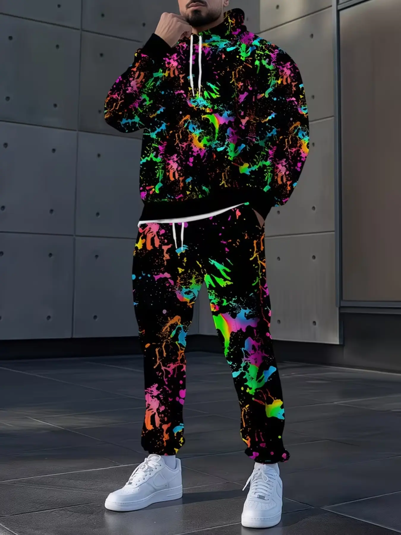 Men's Fall Winter Two-Piece Set, Fashion Casual Style, Full-Body Graffiti 3D Print, Long Sleeve Hoodie & Pants, Daily Wear, Factory Direct, Great Value