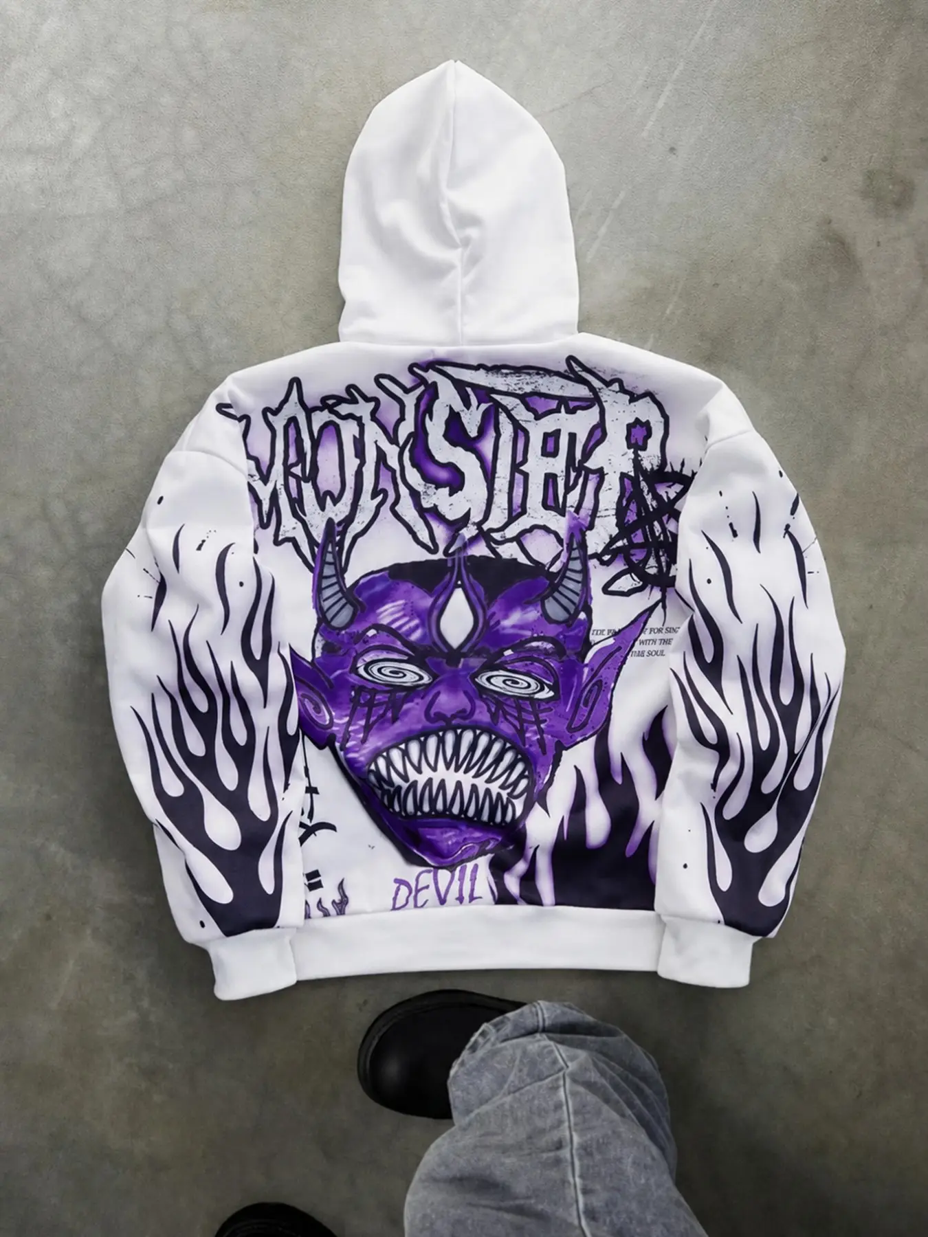 Men's White Oversized Zip-Up Hoodie, Graphic Print Hoodie, Casual Streetwear Jacket with Purple Devil & Monster Flame Print, Retro Y2K Streetwear Outerwear for Fall, Campus Looks, Casual Outings, Parties