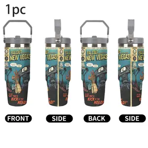 1pc 30oz Fallout New Vegas Retro Comic Print Stainless Steel Tumbler with Handle & Straw, Double Wall Vacuum Insulated Travel Coffee Mug, Leakproof Flip Lid Thermal Water Cup, Long Cold & Heat Retention, Fits Most Car Cup Holders, Vintage Fallout Game