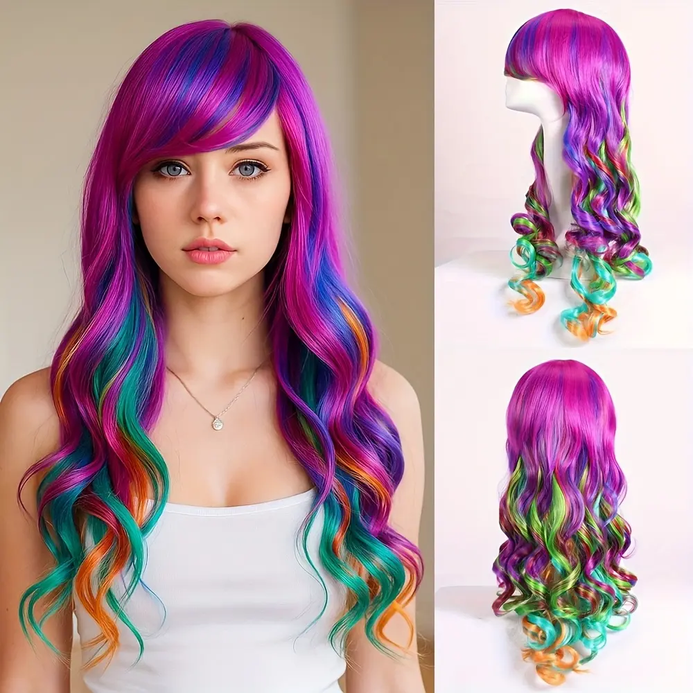 28 Inch Wig Women with Bangs Curly Hair Women's Wig High Temperature Silk Buckle Subnet Suitable for Party Cosplay
