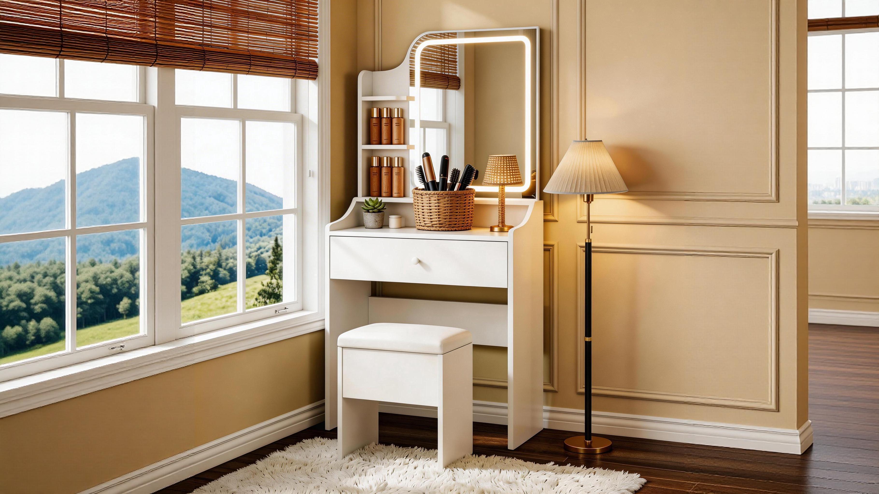 Small Makeup Vanity Desk with Adjustable LED Lights, Compact Vanity Set with Storage Drawers & Stool & Shelves, Modern Vanity with Metal Legs for Bedroom Small Makeup Vanity Desk with Adjustable LED Lights, Compact Vanity Set with Storage Drawers & Stool & Shelves, Modern Vanity with Metal Legs for Bedroom