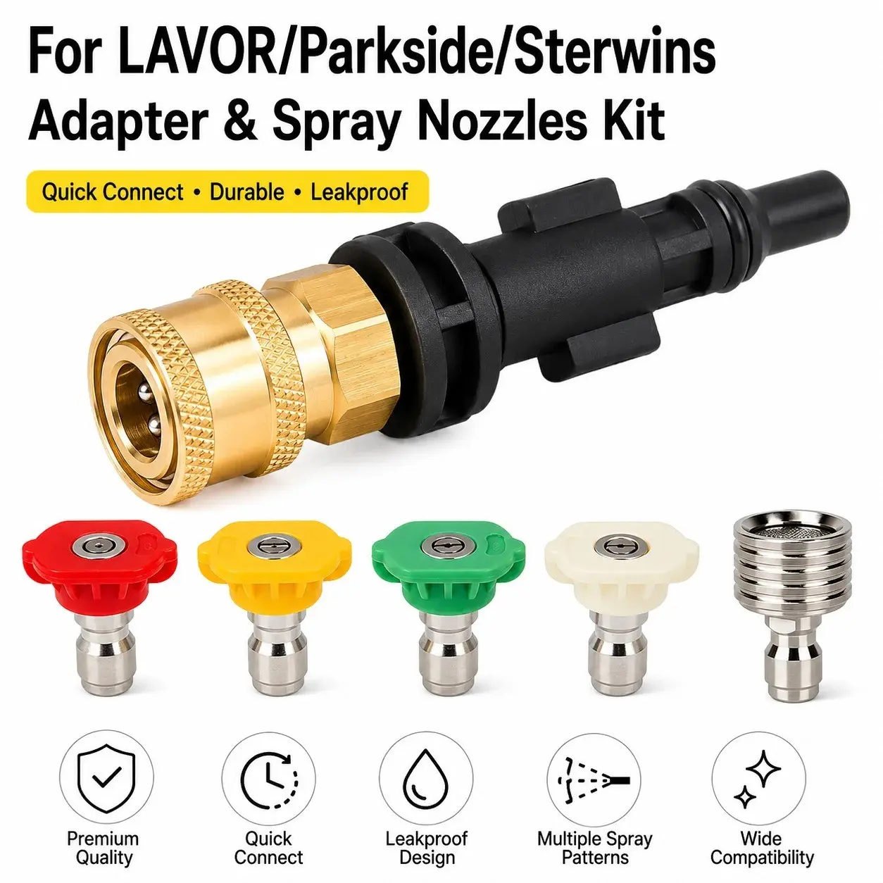 High Pressure Washer Nozzle Kit for LAVOR Parkside Sterwins - Quick Plug Adapter with 4 Multi-Function Nozzles & Stainless Steel Shower Spray Nozzle - Car Wash Accessory & Garden Irrigation Set Water Nozzle