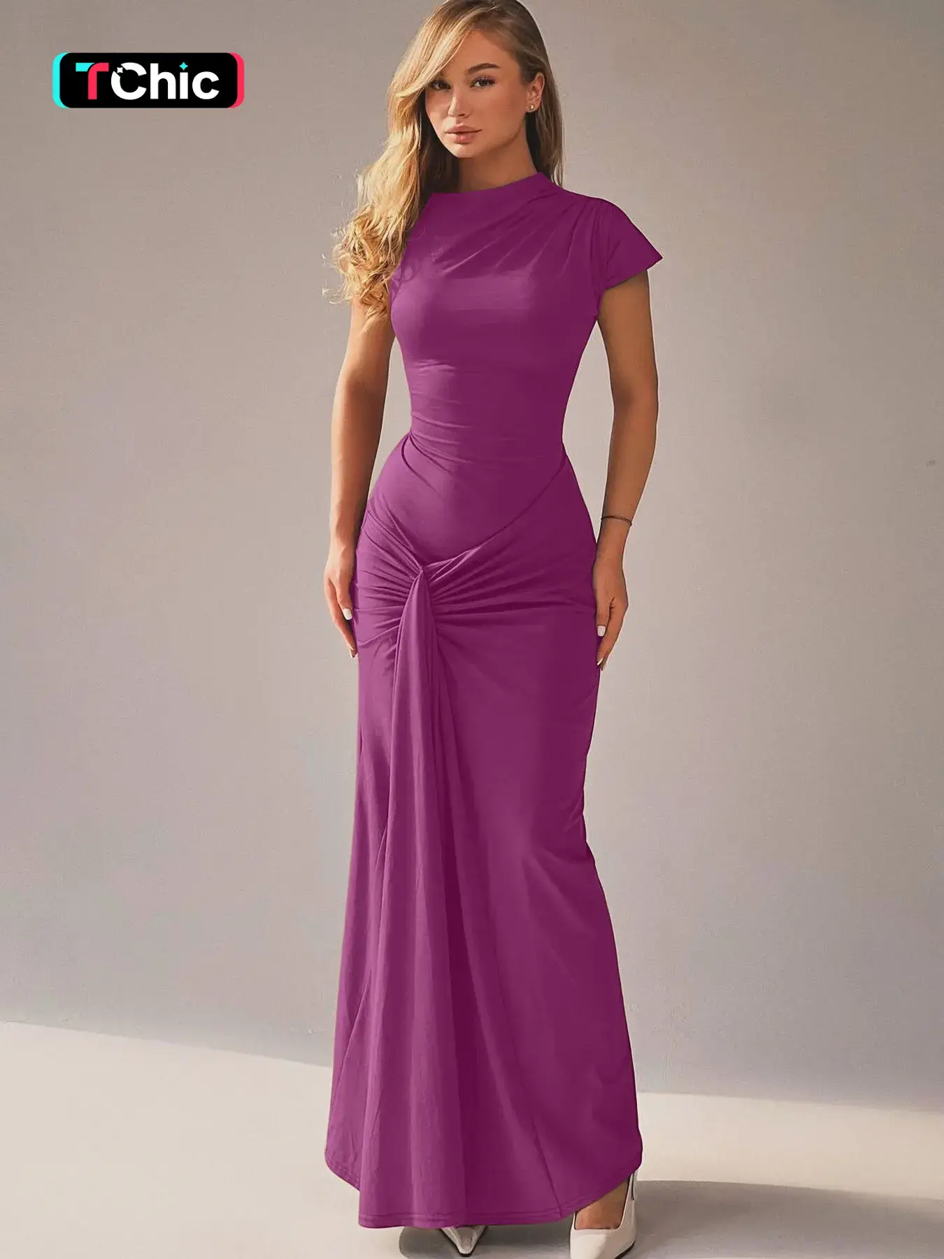 Women's Plain Ruched Tie Back Asymmetrical Neck Dress, Elegant Cap Sleeve Long Dress for Party Holiday Wedding Guest, Ladies Summer Clothes
