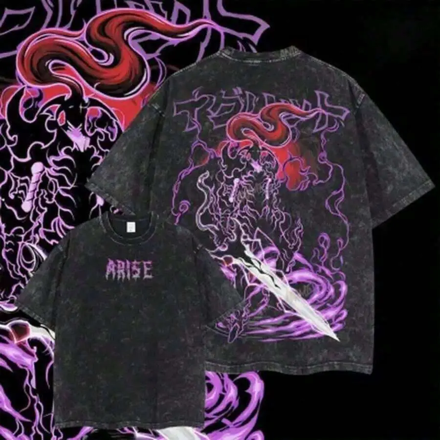 Acid Wash Solo Leveling Igris Monarchs Army Retro Vintage Manga Graphic T Shirt Unisex Heavy Cotton Crew Neck Casual Shortsleeve Top Anime Streetwear Apparel Gift For Anime Fans