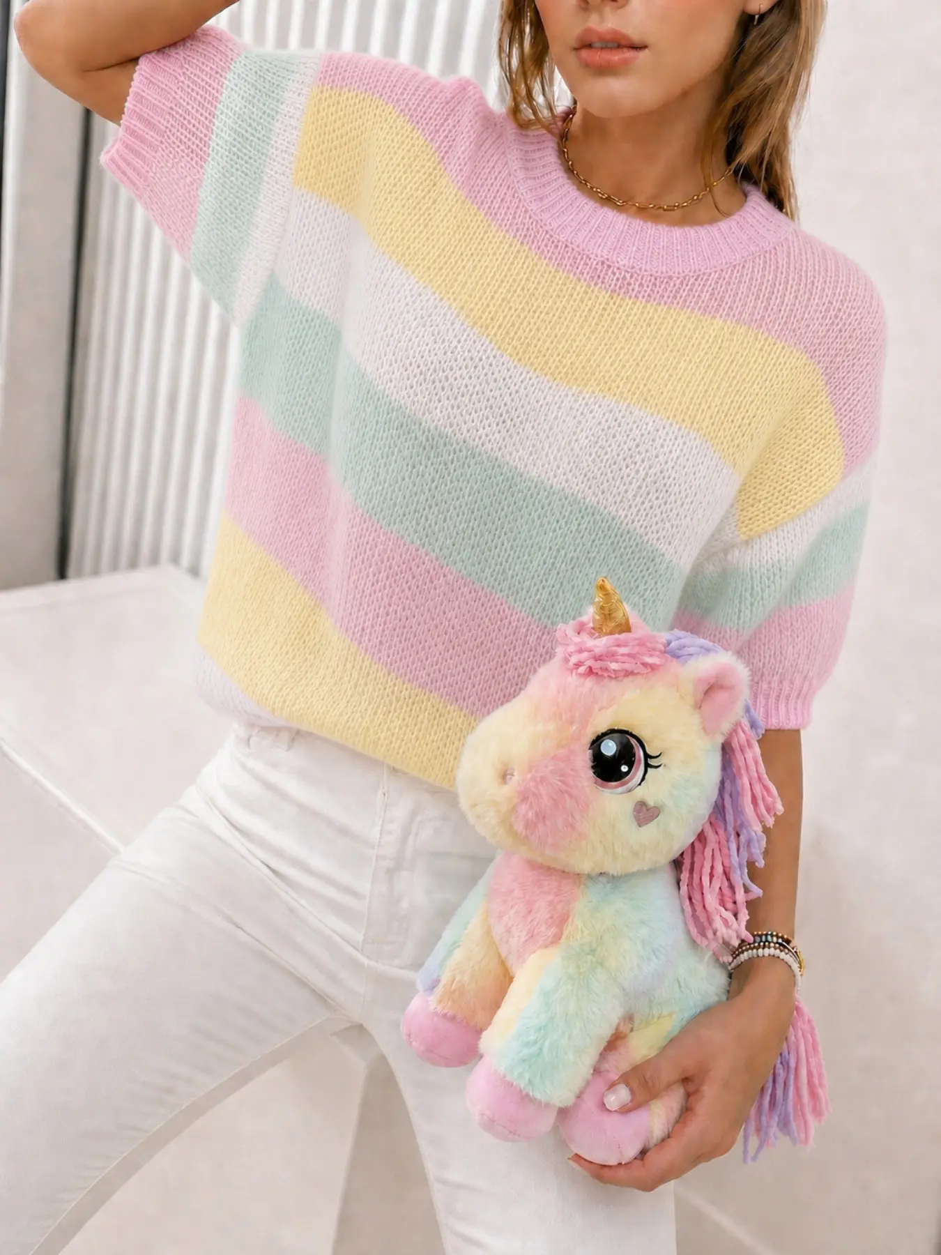 Elegant Knit T-Shirt for Women, Macaron Style, Sweet Rainbow Candy Design, Loose Round Neck Short Sleeve, Perfect for Casual Wear
