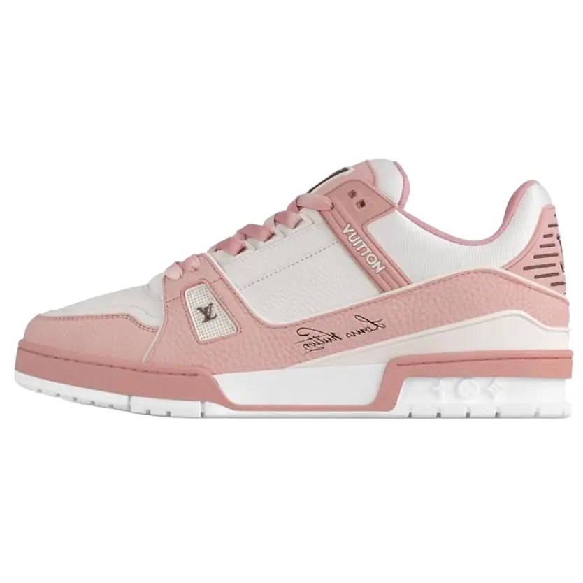 LOUIS VUITTON Leather Round-Toe Lace-Up Low-Top Trainer - Unisex Closed Footwear, White & Pink Trending Shoes, House White Official Maison Mihara Verifiable Pair with Global Authentication Credentials