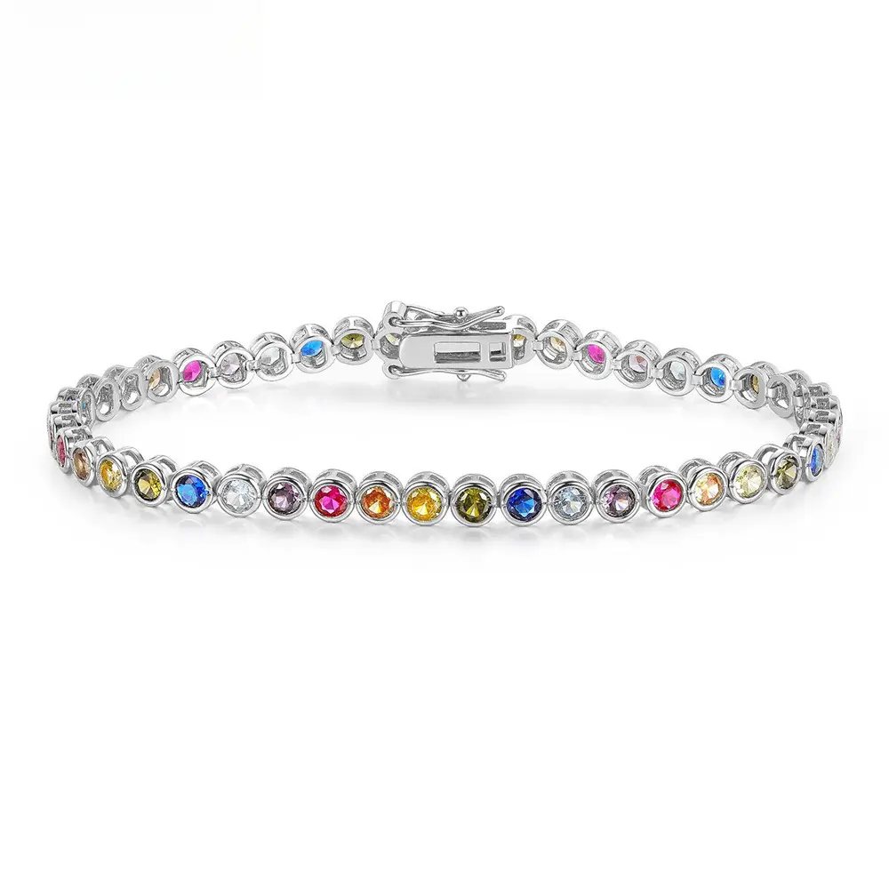 Women's 3mm Bezel-Set Rainbow Tennis Bracelet - Multi-Color Cubic Zirconia, Brass Metal with Double-Lock Clasp, Stackable Casual Everyday Wear, Unique Jewelry for Women, Birthday Friendship Gift, Bracelets For Women