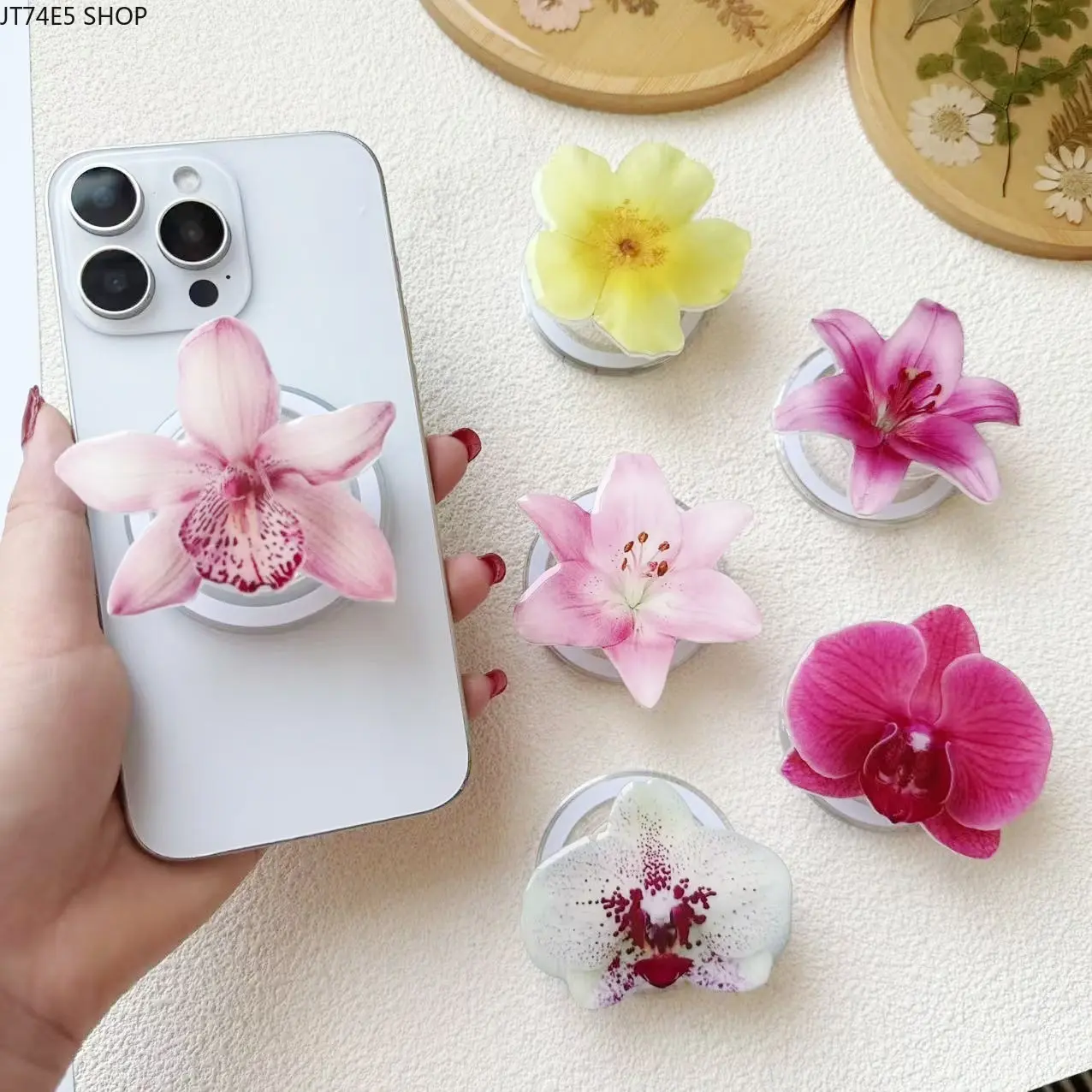 Floral Phone Grip, Transparent Cherry Blossom & Phalaenopsis Expanding Stand, INS Style Magnetic & MagSafe Compatible, Synthetic