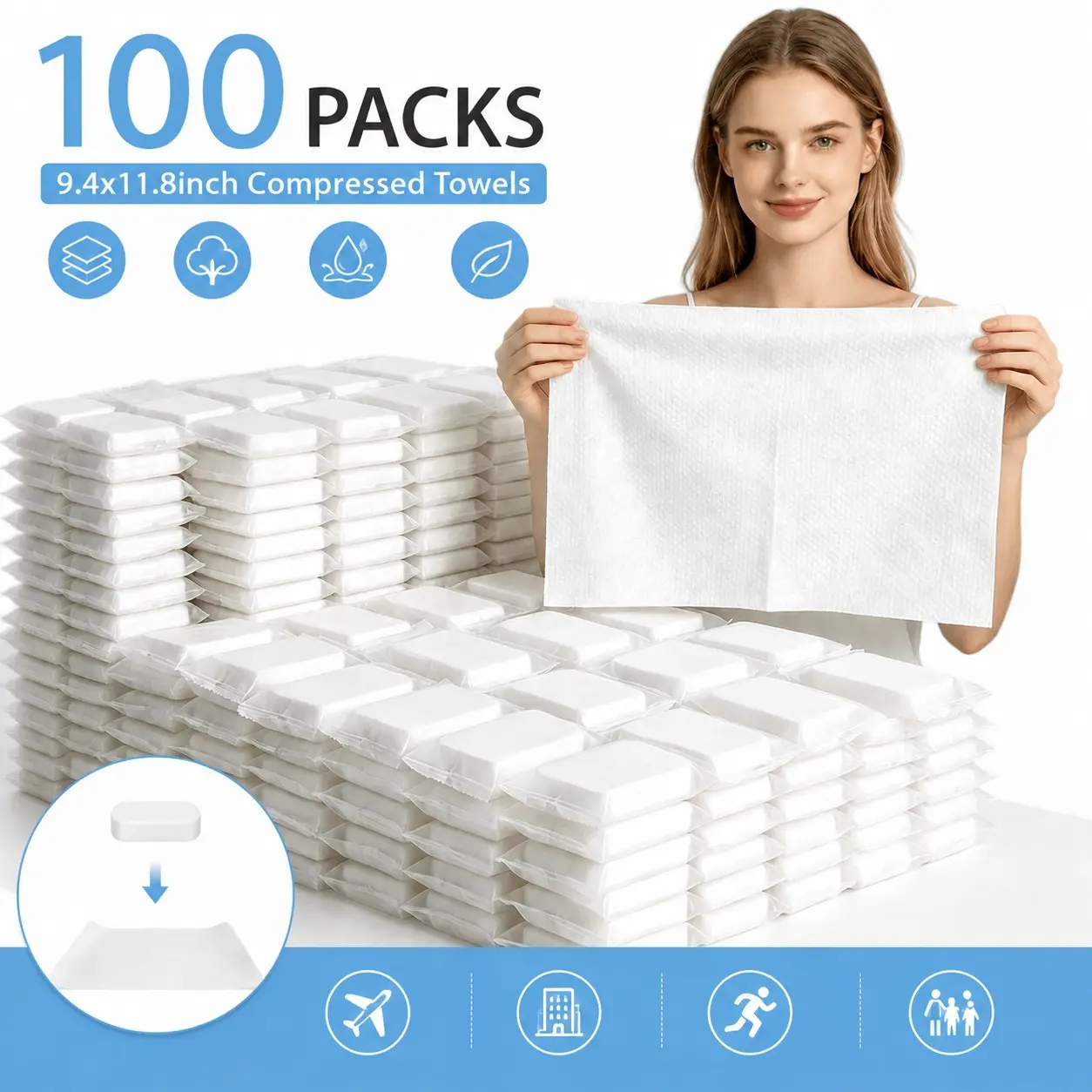100 Counts Compressed Towel Tablets, Portable Disposable Face Towels, Individually Wrapped Compressed Towels, Expands with Water, Soft & Lint-Free,Travel Size