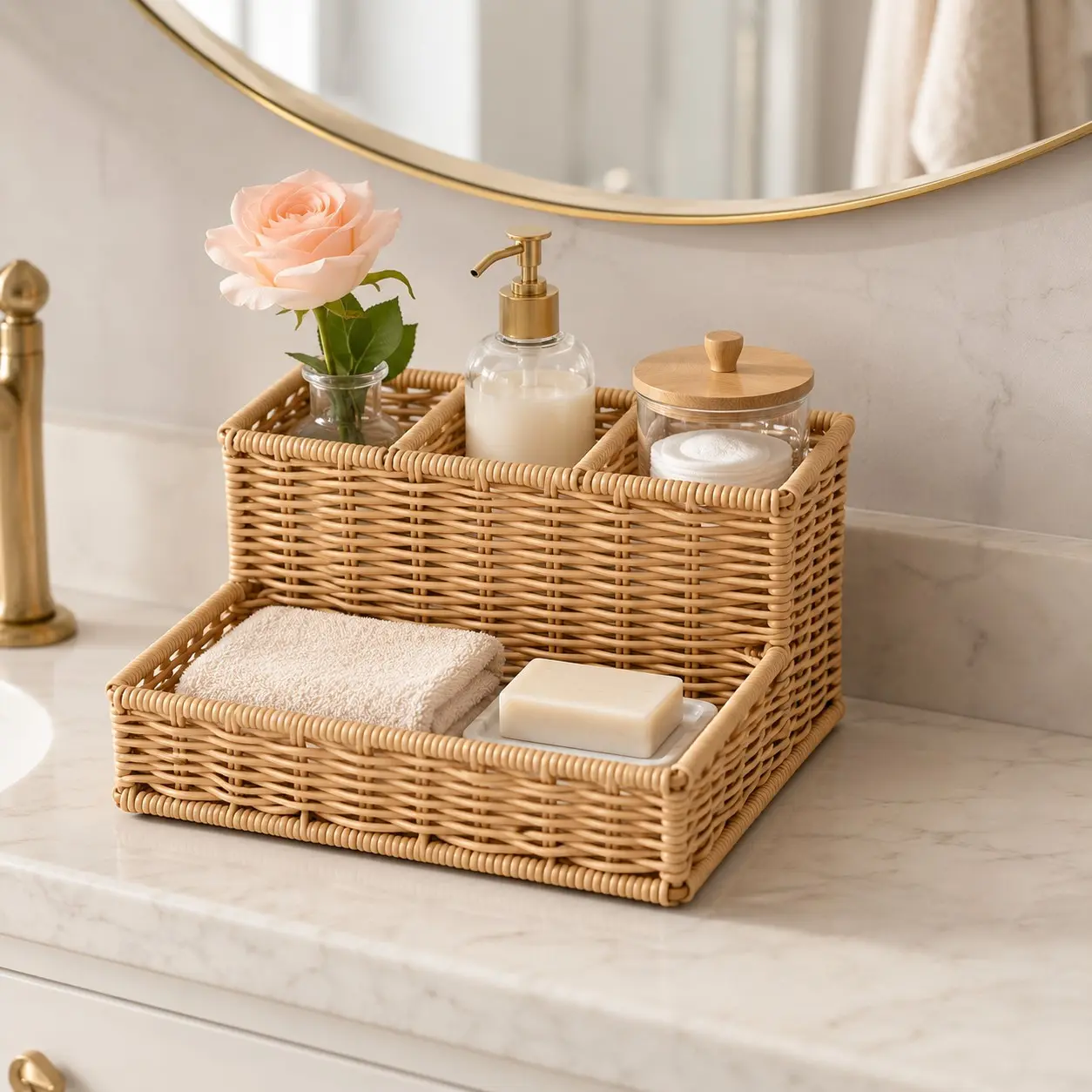 Faux Rattan Divided Storage Basket, Multi-Compartment Organizer for Cosmetics & Tissues, Rustic Woven Decor Caddy, Universal Storage Bin for Bathroom, Living Room, Bedroom & Kitchen, Storage Organiser, Home Decor Organiser