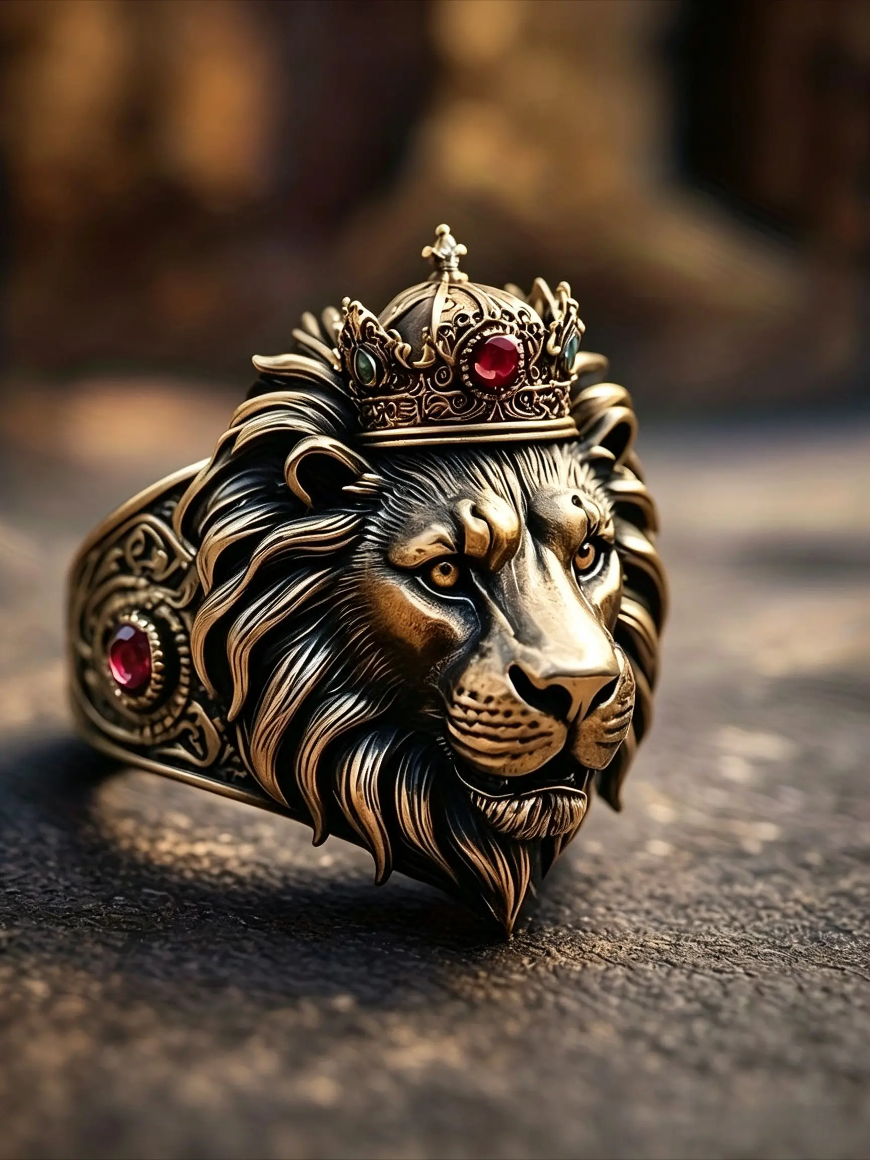 A Vintage-Style, Distressed, 3D Crown and Lion King Ring for Men—Faux Ruby Carved, Hip-Hop, Party, and Versatile Ring