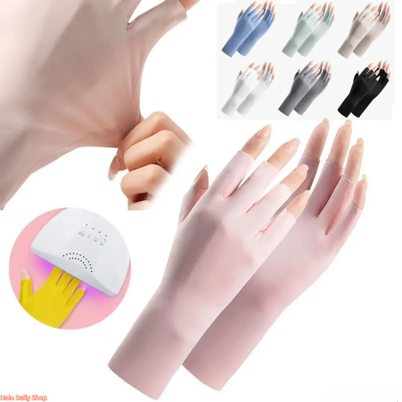Women's Fingerless UV Protection Gloves (Pair Pack, 20x8cm), Polyester Skin Shield for Gel Manicures UV LED Lamps, Breathable Lightweight Machine Washable, 8 Color Options, Nail Art Salon Casual Fashion Accessory