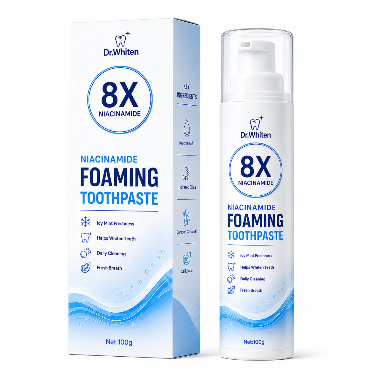 Niacinamide Foam Whitening Toothpaste 8X - Fresh Breath | Helps Remove Surface Stains | Daily Oral Care | Mint Flavor 100g