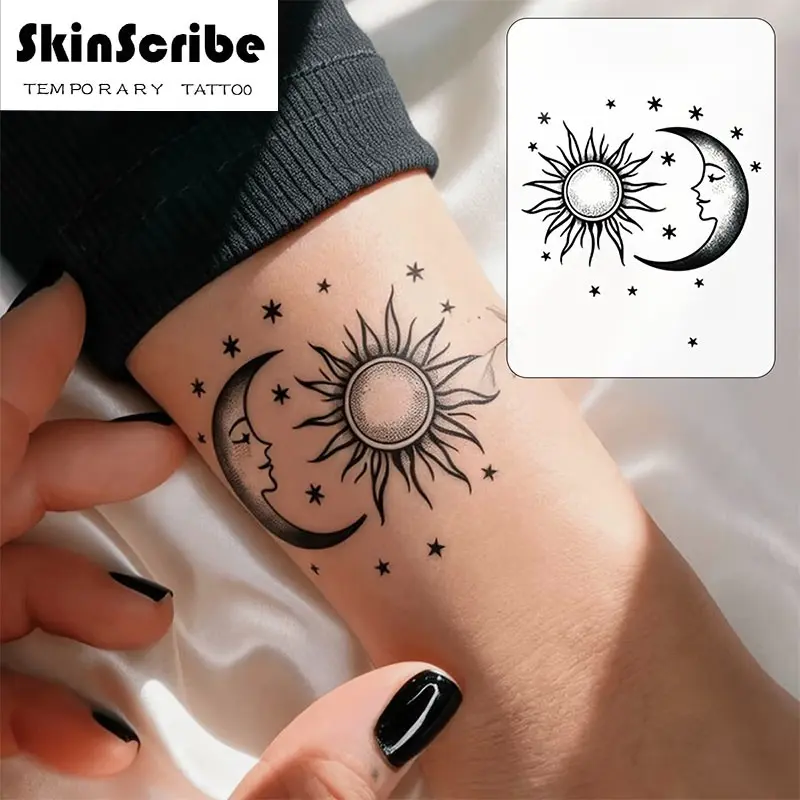 2 sheets Black & Gray Sun Moon Stars Decorative Temporary Tattoo Sticker Highly realistic & waterproof, suitable for wrist, collarbone, and neck. Perfect for parties, performances, and daily wear.