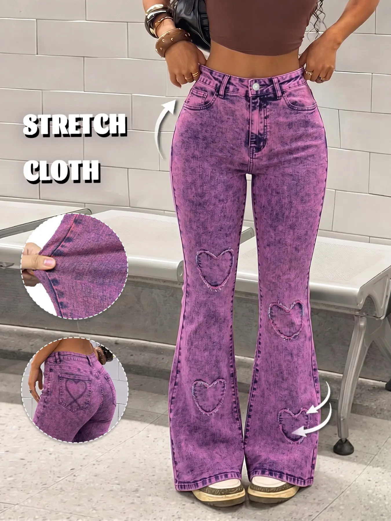 GILIPUR Y2K Women High Waist Stretch Flare Jeans, Acid Wash Heart Patch Bell Bottom Denim Pants, Soft Stretchy Slim Fit Retro Y2K Streetwear Trousers TChic