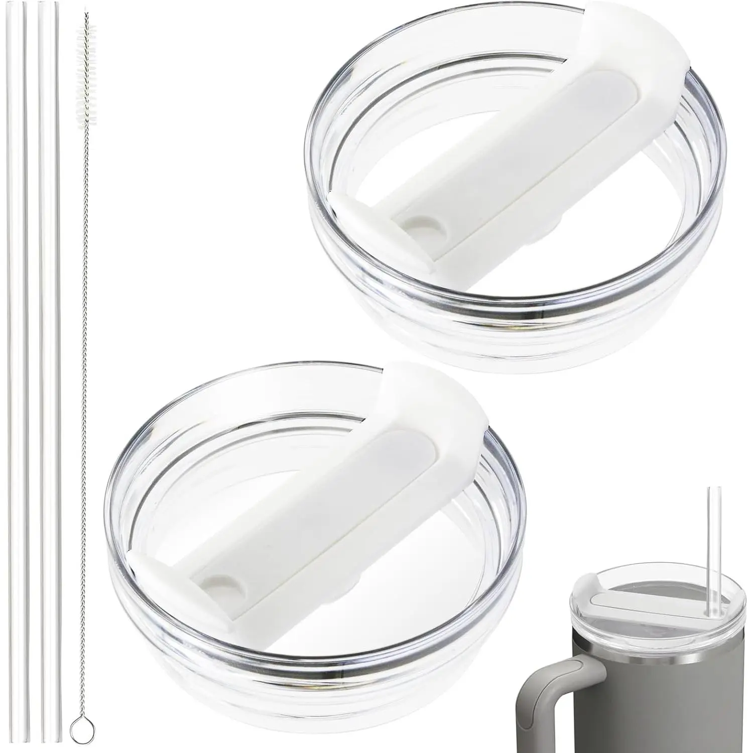 40oz Tumbler Lid Compatible for , 2 Pack  Tumbler  Fit for  Quencher 2.0 Tumbler 40 OZ, with Straws and Cleaning Brush (Clear White)