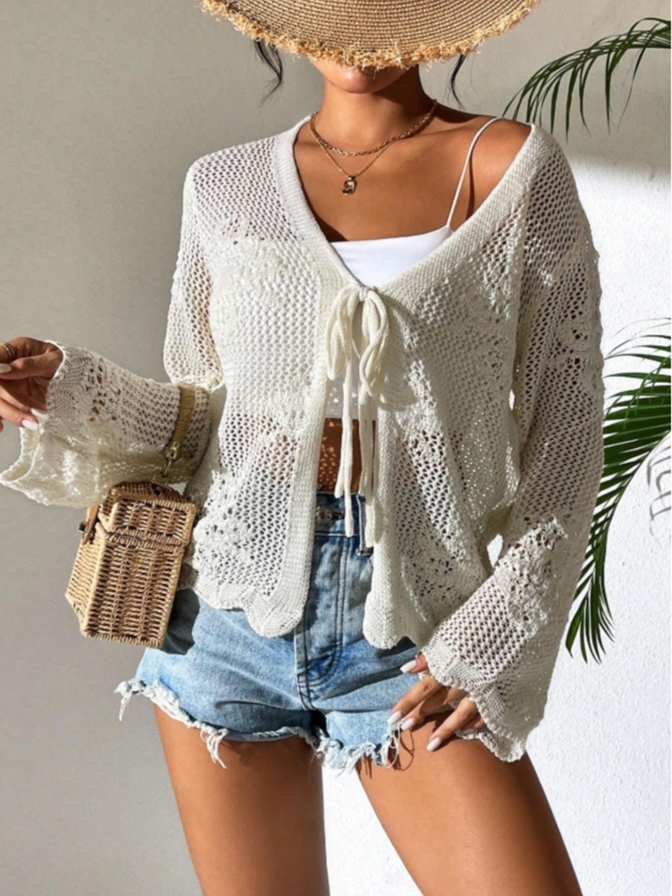 Women's Fitted Plain Sheer Tie Front Knitting Cardigan, Casual Long Sleeve Cardigan for Daily Wear, Ladies Knitwear for All Seasons