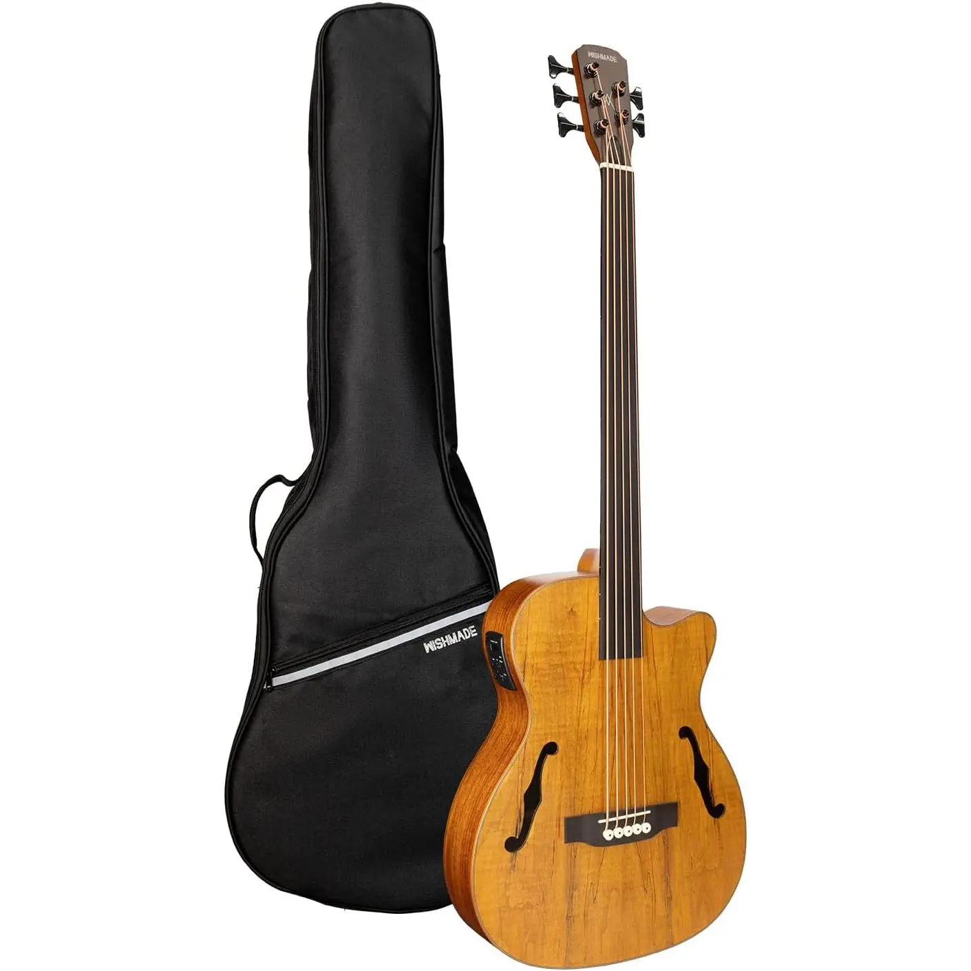 WishMade 5 String Bass Guitar Acoustic Electric Hollow Body Fretless |   Spalted maple Top, F-hole body delivers warm tone, 3-band EQ for stage, for jazz fusion and acoustic performances