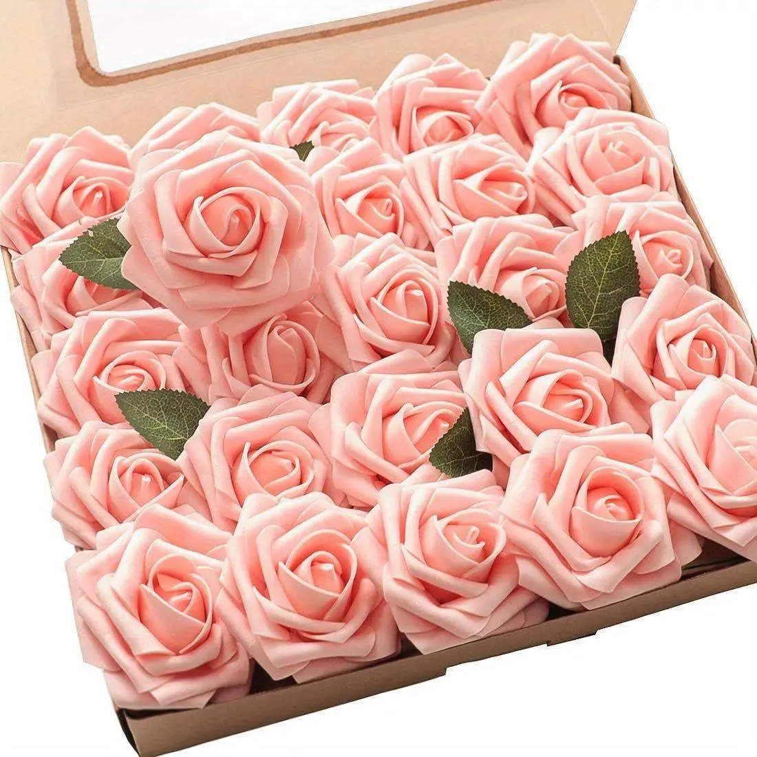25pcs 8cm Peach Pink Decorative Foam Rose Flowers with Stem Iron Photo Float Boxed Set, Artificial Florals for DIY Wedding Bouquets & Home Centerpieces