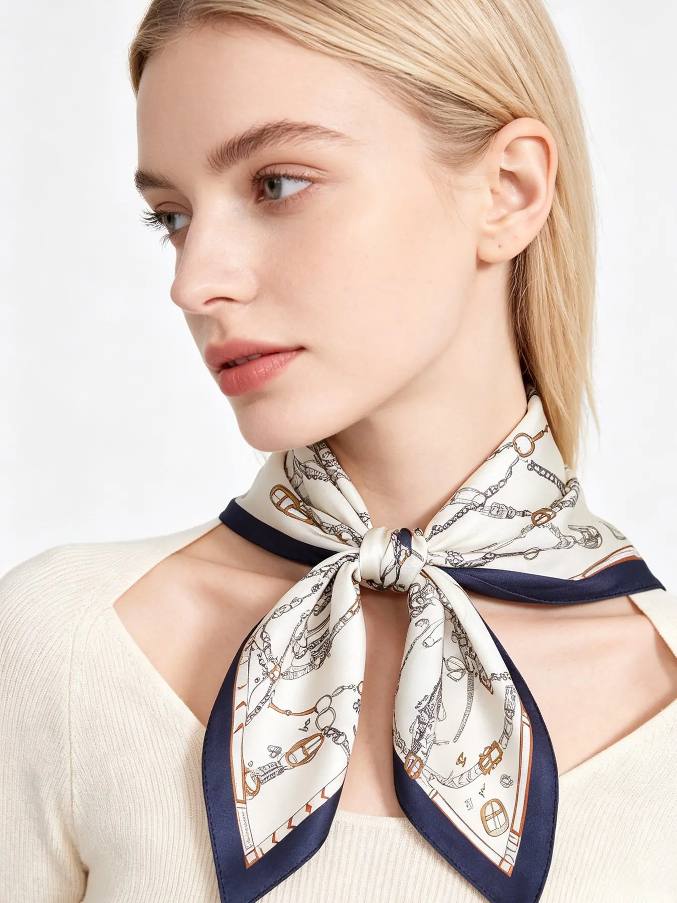Women's Cream Vintage Equestrian Scarf, Chain Print Glossy Satin, Border, Multi-Use Neck Wrap, Office & Daily Wear
