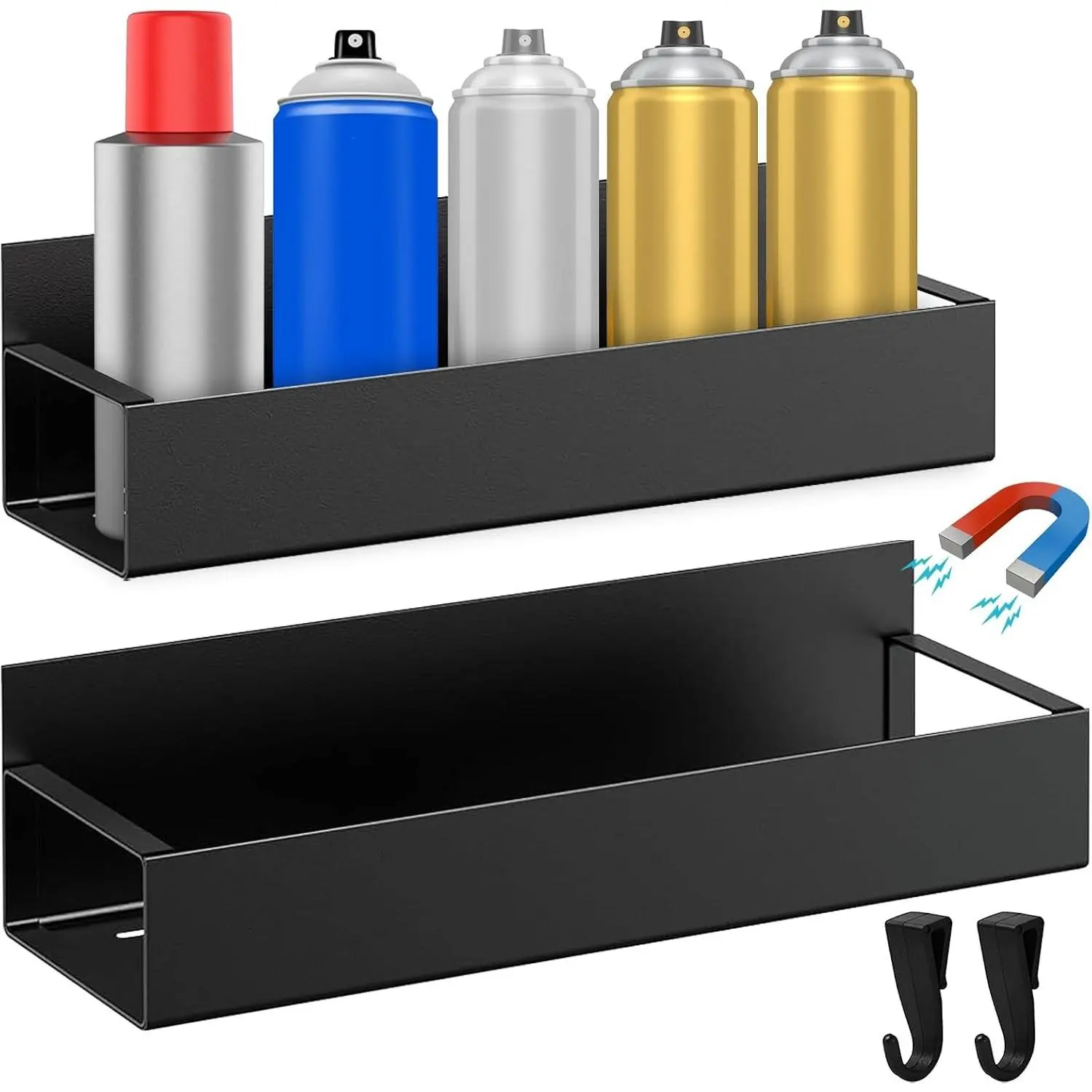 2 Pcs Magnetic Spray Can Holder & Toolbox Rack, Wall Mounted Spray Bottle Organizer, Mechanic Paint Can Storage for Garage Workshop (Black)