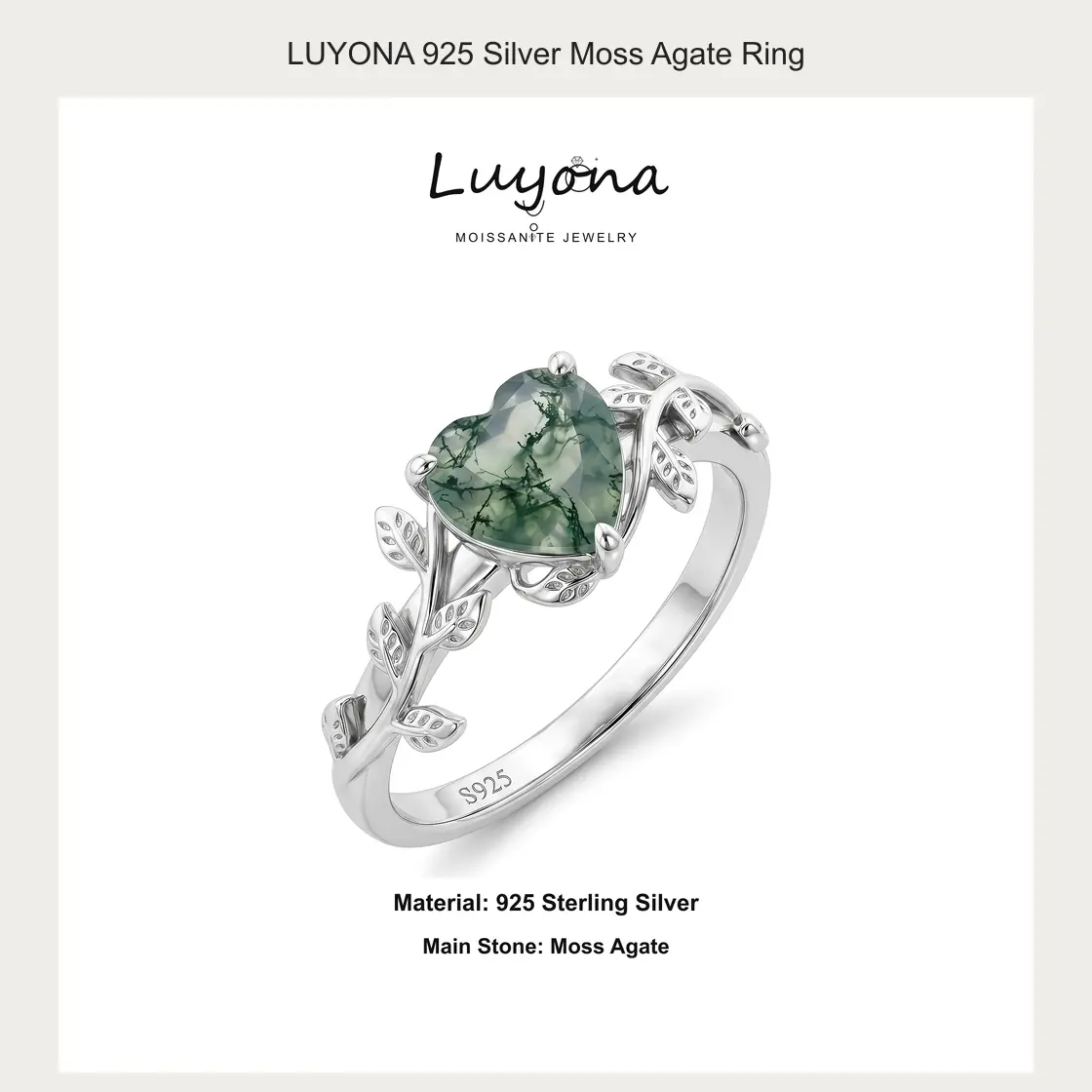 Women's Engagement Wedding Ring 925 Sterling Silver Green Natural Moss Agate Elegant Fashion