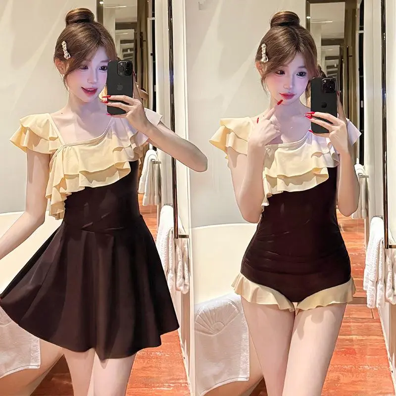 sexy Korean fashion coffee patchwork ruffles swimsuits two pieces bodysuits with mini skirt bikinis cute beach outfits swimwear