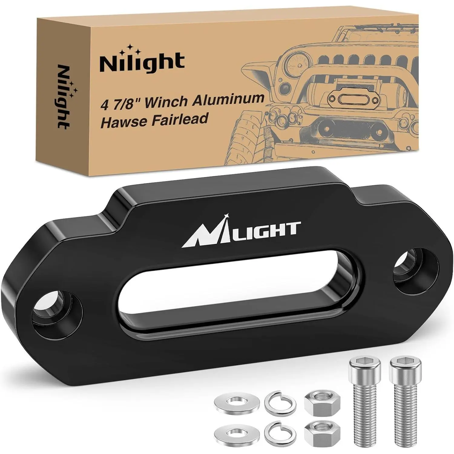 Nilight Winch Fairlead Aluminum Hawse Fairlead 4-7/8 Inch (124mm) Hole Spacing with Mounting Hardware Winch Hawse Fairlead for Synthetic Rope 2000-3500 LBS UTV ATV Winch Accessory Anodized Black