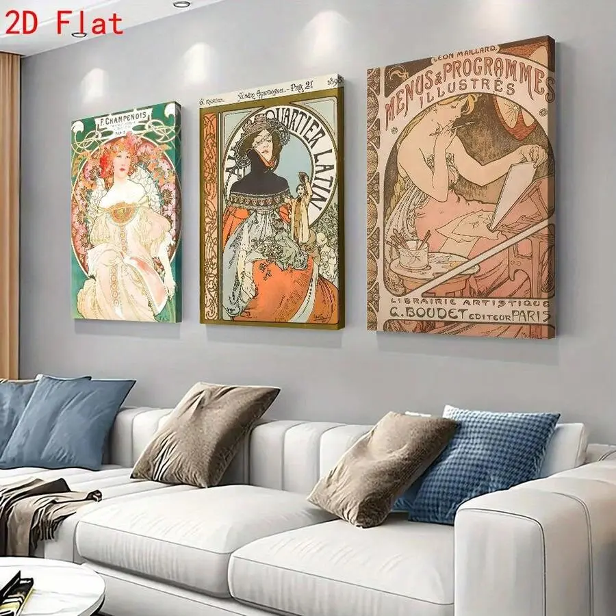 3pcs Vintage Alphonse Mucha Style Decorative Painting Triptych Set|   Classic Poster Reproduction European Character Illustration, Canvas Prints, Wrapped Canvas In Pine Wood Frame, Ideal For Living Room, Bedroom, Home Office