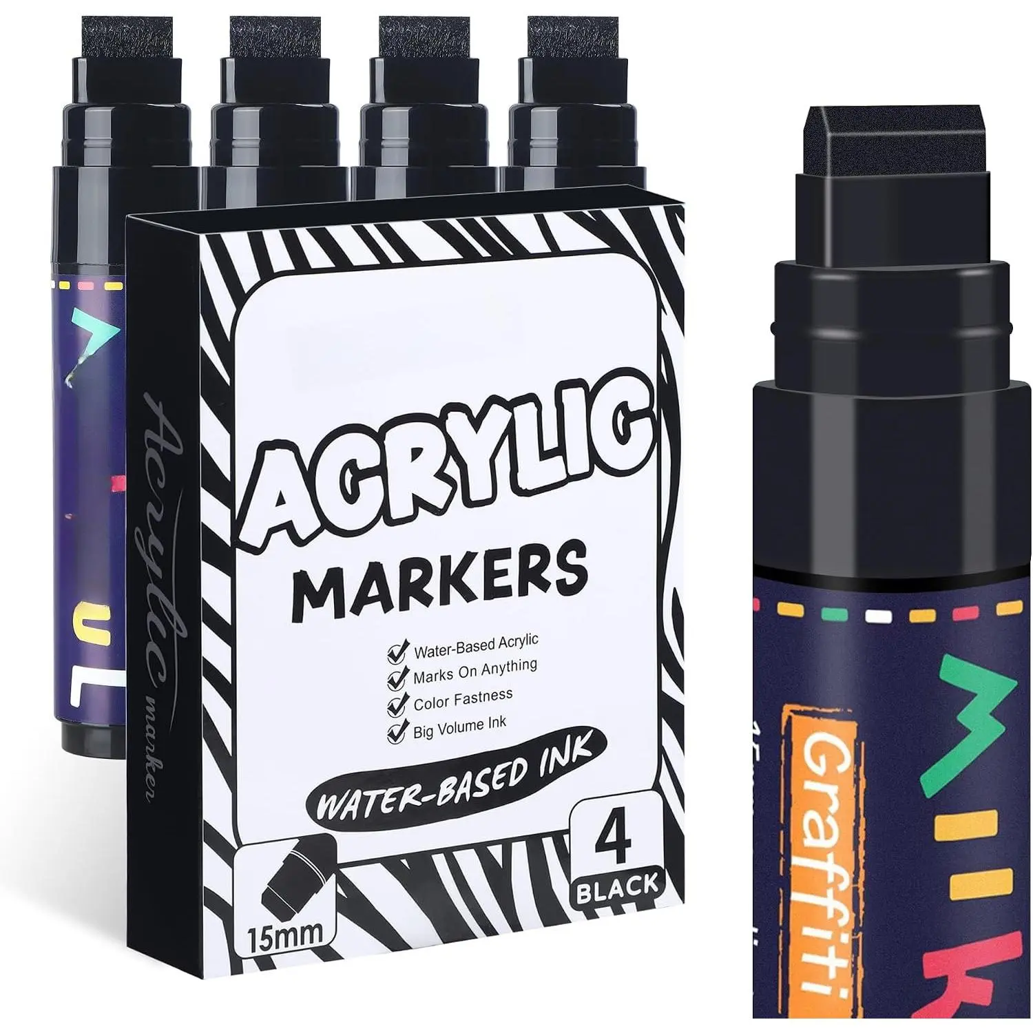4 count  Black Permanent Markers, Large 15mm Felt Tip Wide Thick   Pens Graffiti Markers for Rock Painting, Glass, Ceramic, Posters, Canvas, , Stone