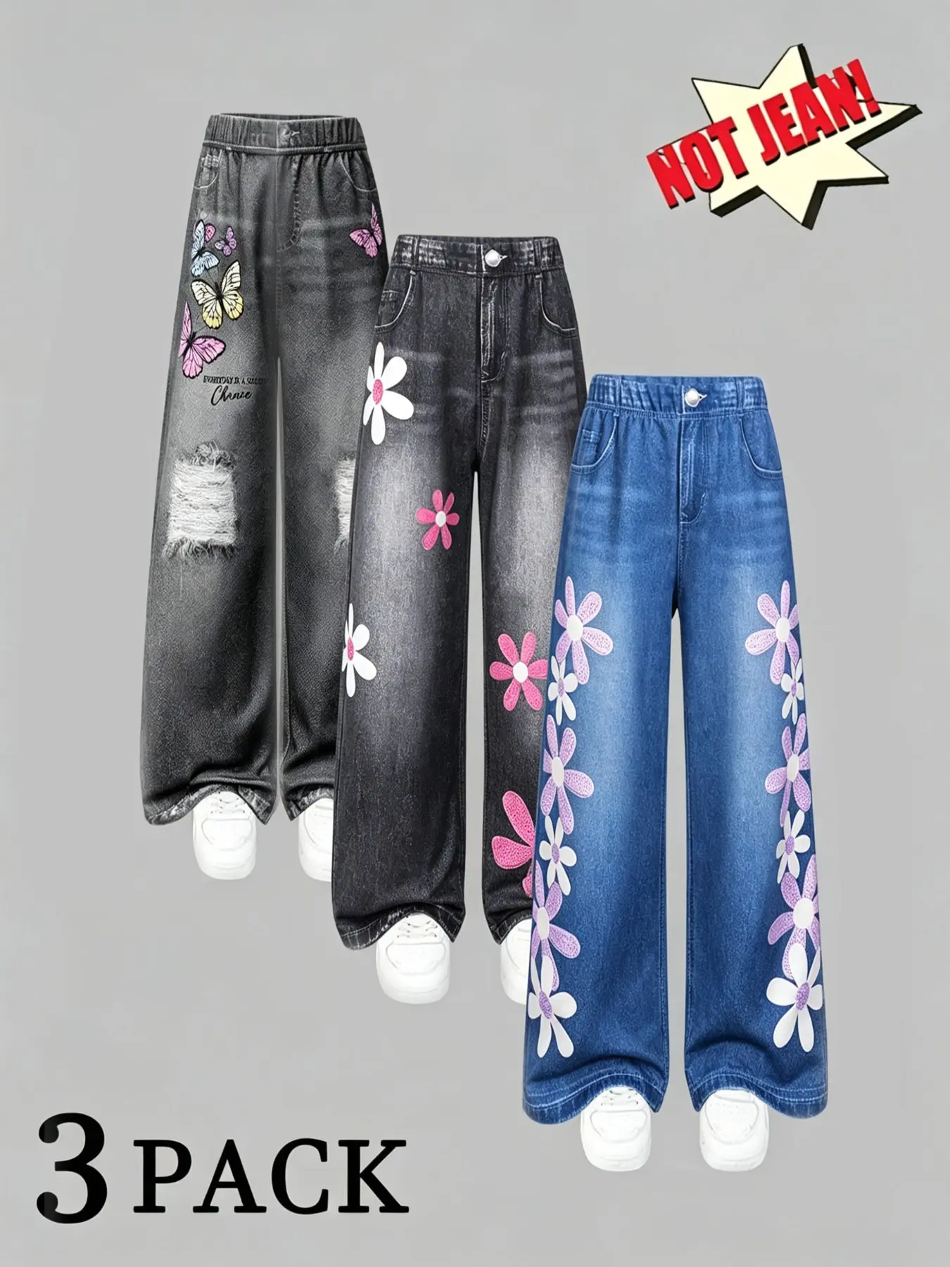 3-Pack Girls' Long Pants, Fashion Butterfly/cartoon Flower Knit Imitation Denim-Look, Casual College Style, Party Gift, Kids' Clothing