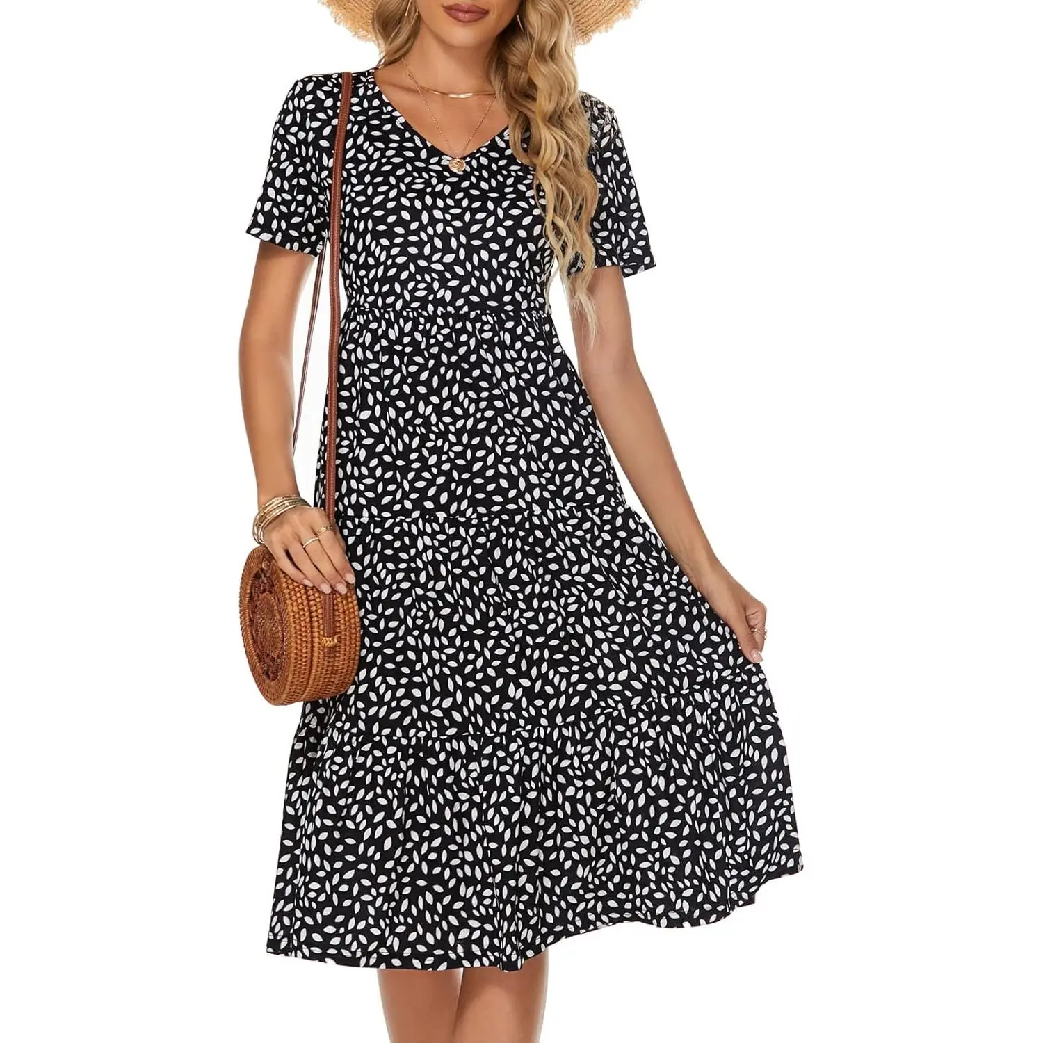Women's Casual Summer Tiered Ruffles Midi Dress - V Neck Short Sleeve Boho Cotton Blend Loose Cut Sundress, Babydoll Style for Church, Beach Vacation
