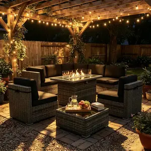 Bestselling Home Furniture Supplies[5 Packages Shipping] 8 Piece Patio Furniture Set with 44" Propane Gas Fire Pit Table, Outdoor Sectional Conversation Set Wicker Rattan Sofa Set with Coffee Table