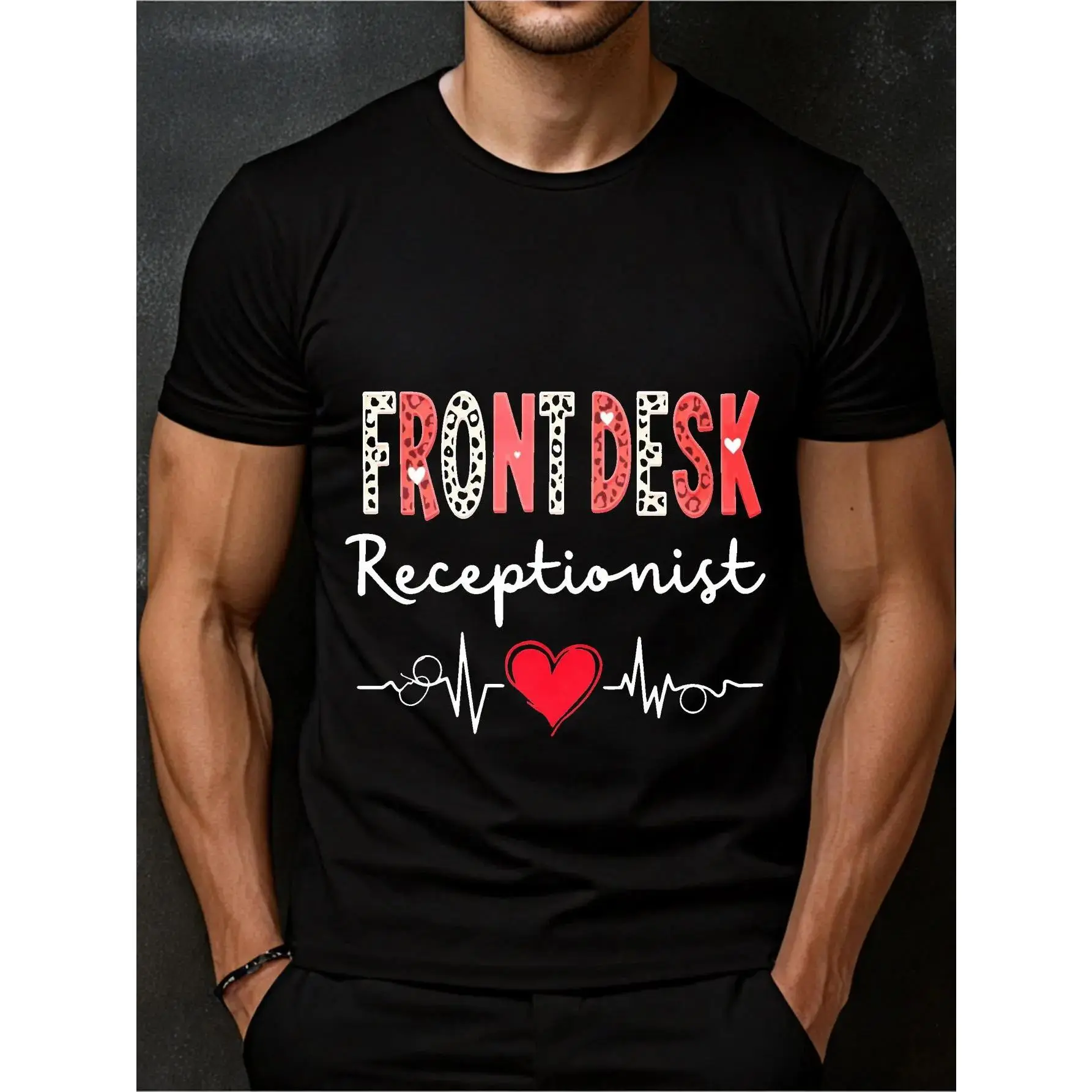 Men' & Women' Medical Office Receptionist T-Shirt - Front Desk Heartbeat & Phone Icon Graphic,  180g Crew Neck Short Sleeve, Casual Workwear Suitable for Men & Women - Year-Round Comfortable Tee