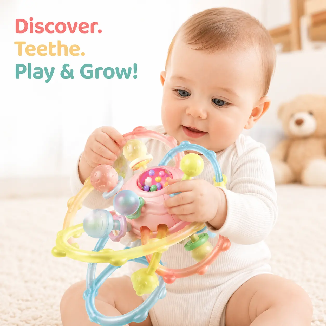 Baby Sensory Montessori Ball Toy, Soft Silicone Teething Rattle Ball for Infants, BPA-Free Educational Grasp Toy, Early Learning Activity Toy for Babies Boys & Girls