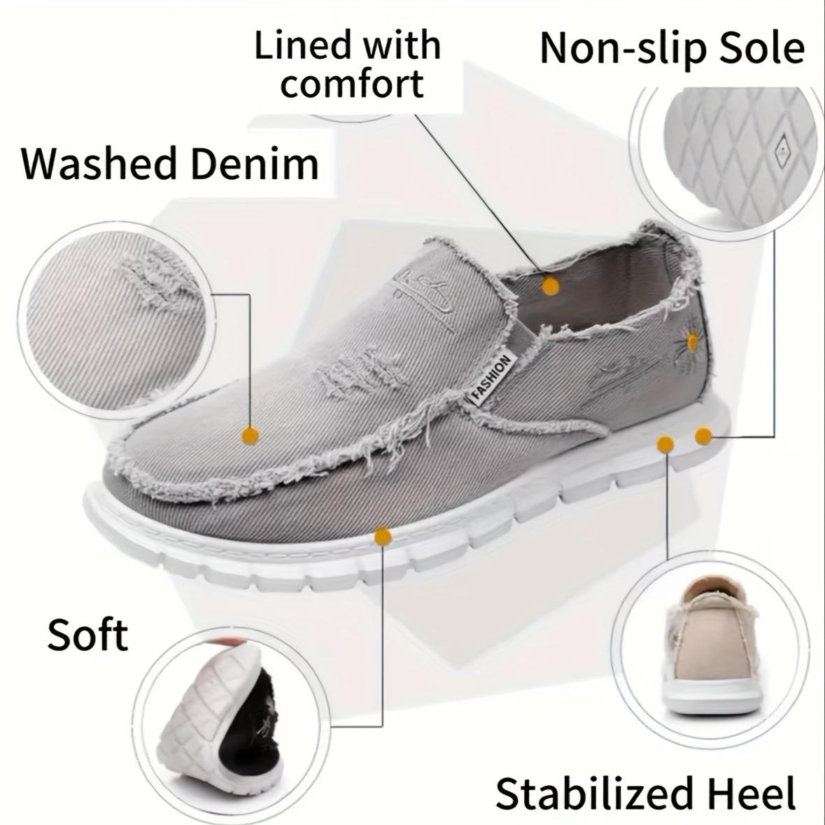 Women's Floral Daisy Embroidered Slip-On Loafers - Lightweight Washed Canvas with Anti-Slip PVC Sole, Frayed Trim Comfortable Sneakers for All-Season Casual, Party & Outdoor Wear, Ladies Shoes