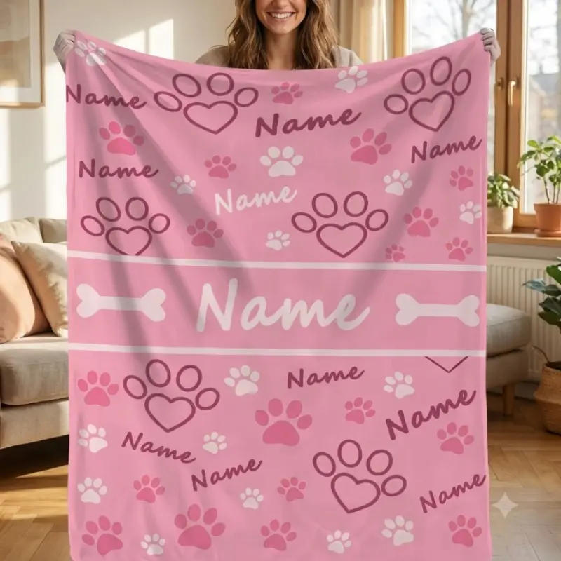 [Custom] 1pc Creative Personalized Text Customization, Paw Print, Dog Name Custom Printed Blanket, Flannel Gift Blanket, Custom Gift; Multi-Use for Outdoor Beach Camping Car Living Room Sofa Cover Blanket Pet Blanket Office Cover Blanket; Custom Gif
